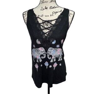 Black Elephant Print Lace Trim Women's Top